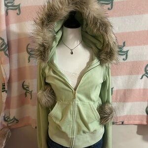 Juicy Couture Light Green Bomber Jacket with Faux Fur Hood